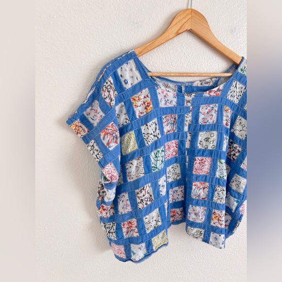 VINTAGE blue quilt topper cropped handmade top / fits up to L - Picture 2 of 5